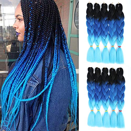 SYbeauty Ombre Braiding Hair 24inch 10Pcs/Lot Kanekalon Braiding Hair Extensions Jumbo Braids Synthetic Hair for Braiding (24", Black-Dark blue-Light blue)