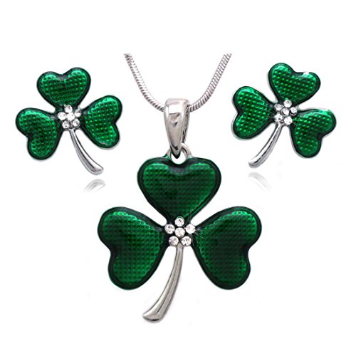 cocojewelry Heart Shape Leaf Clover Irish Shamrock Earrings Necklace Set (Green 3 Leaf)