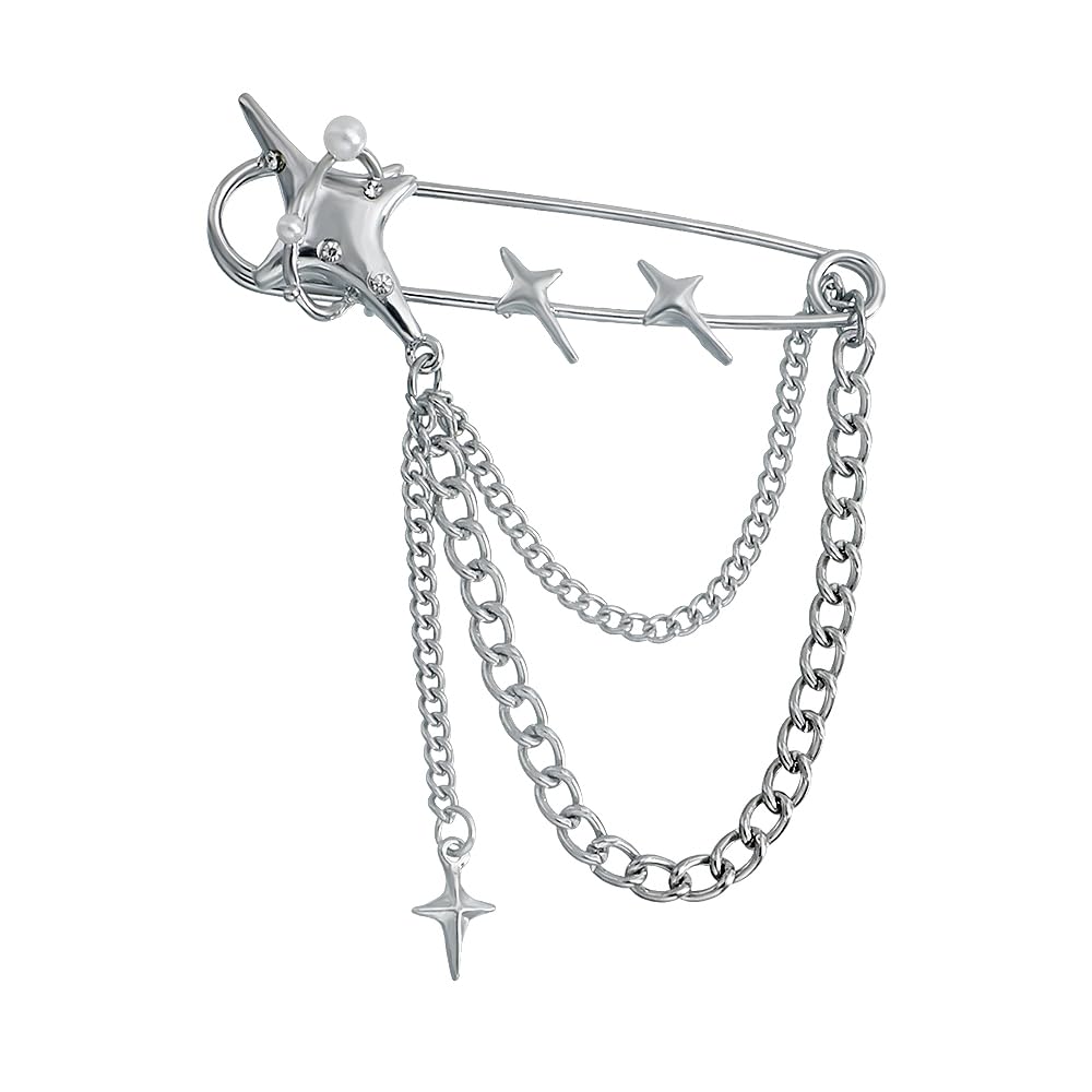 Safety Pin Brooch with Hanging Chains Charms Decorative Punk Goth Collar Brooches Pin for Sweater Dress Skirt Tie Pins Emo Pins