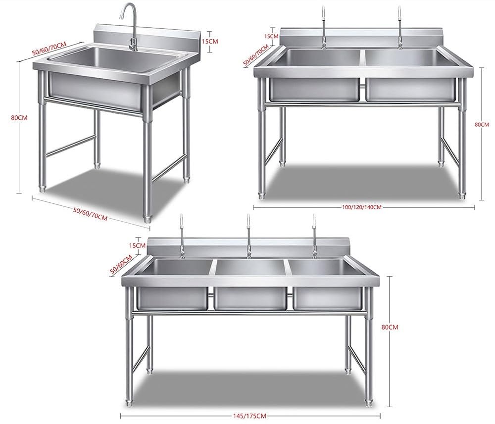 Lavello da cucina commerciale in acciaio inox – 1/2/3 vani, EN 1.4301 o 1.4372 acciaio, preparazione degli alimenti e lavastoviglie, personalizzabile, per ristorante, macelleria, ristorazione (lavello
