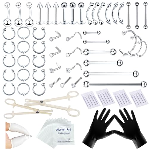 TKKUY 80PCS Nose Piercing Kit: Stainless Steel Body Piercing Jewelry with 12G, 14G, 16G, 20G Needles for Ear, Nose, Lip, Eyebrow