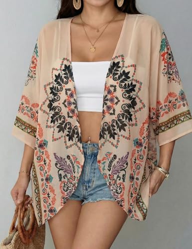 Image of Chunoy Women Floral Beach Wear Cover Up Chiffon Kimono Cardigan Open Front Blouse Top