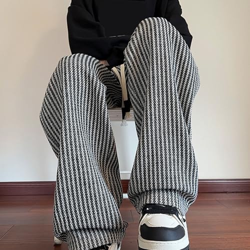 Mens Casual Pants Mid Waist Straight Leg Elastic Drawstring Trousers Strpe Patterned Lightweight Baggy Pants4