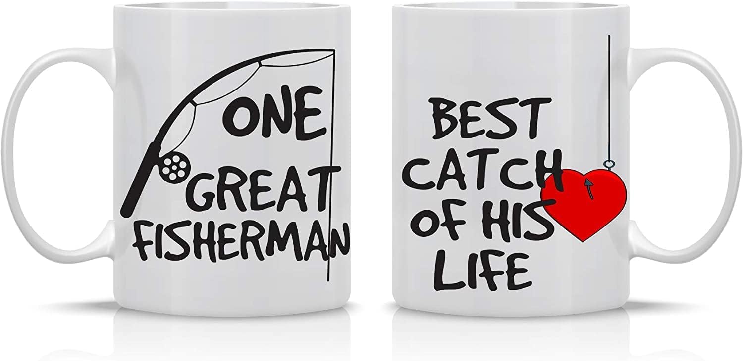 One Great Fisherman - Best Catch Of His Life Couples Mug Set - Funny 11OZ Coffee Mugs for Husband and Wife - Humorous Gift for Him and Her