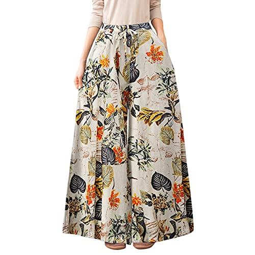 Generisch Pantalones de mujer literarios sueltos de cintura alta pierna recta cordón cuerda casual ancho algodón cómodo ocio moda, amarillo, XXL