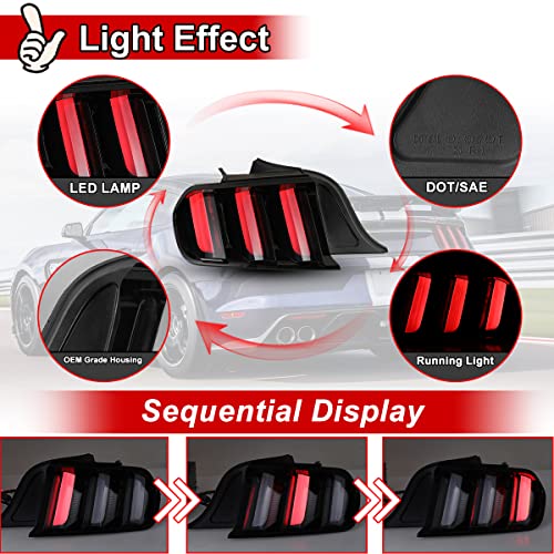 Nixon Offroad Tail Lights Sequential for Ford Mustang 2015-2023 Tail Lamps LED Rear Lights Car Rear Lamps Assembly Replacement 1Pair (Glossy Black Housing/Smoke Lens) - Thumbnail 6