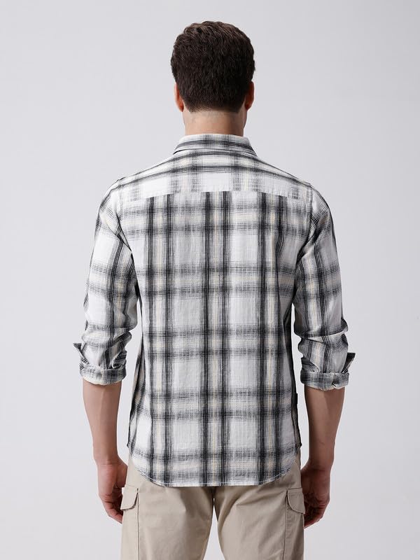 Image of CROCODILE Men Checkered Cotton Casual Shirt | Comfort Fit | Full Sleeve | Button Down White
