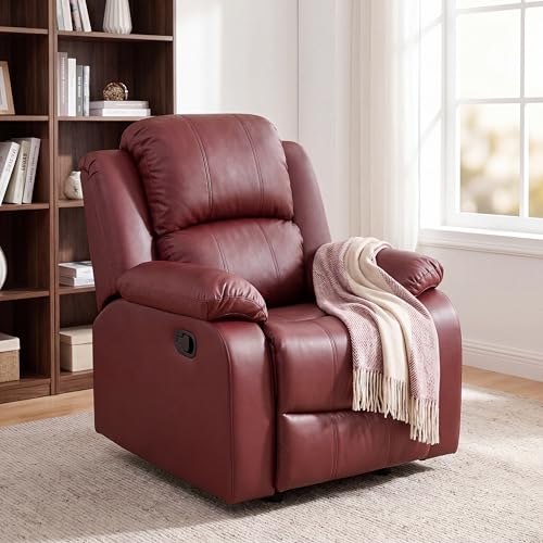 Image of Single Leather Manual Recliner Chair, Oversized Lazy Boy Recliner with Home Theater Seating, Breathable Living Room Reclining Chair for Adults Reading, Gaming, Relax, Red