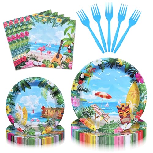 96 Pieces Hawaiian Luau Disposable Tableware Set - Tropical Aloha Party Supplies with Paper Plates, Napkins, Forks for Summer Celebrations, Beach Gatherings, and Luau Decorations