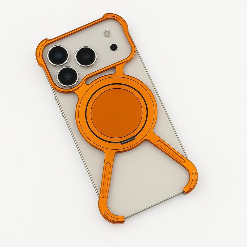 Image of X Shaped Frameless Metal Bumper Compatible with iPhone 17 Pro Max with 360 Rotate Ring Kickstand | Luxury Aluminum Armor Case | Super Slim Metal - Orange Titanium