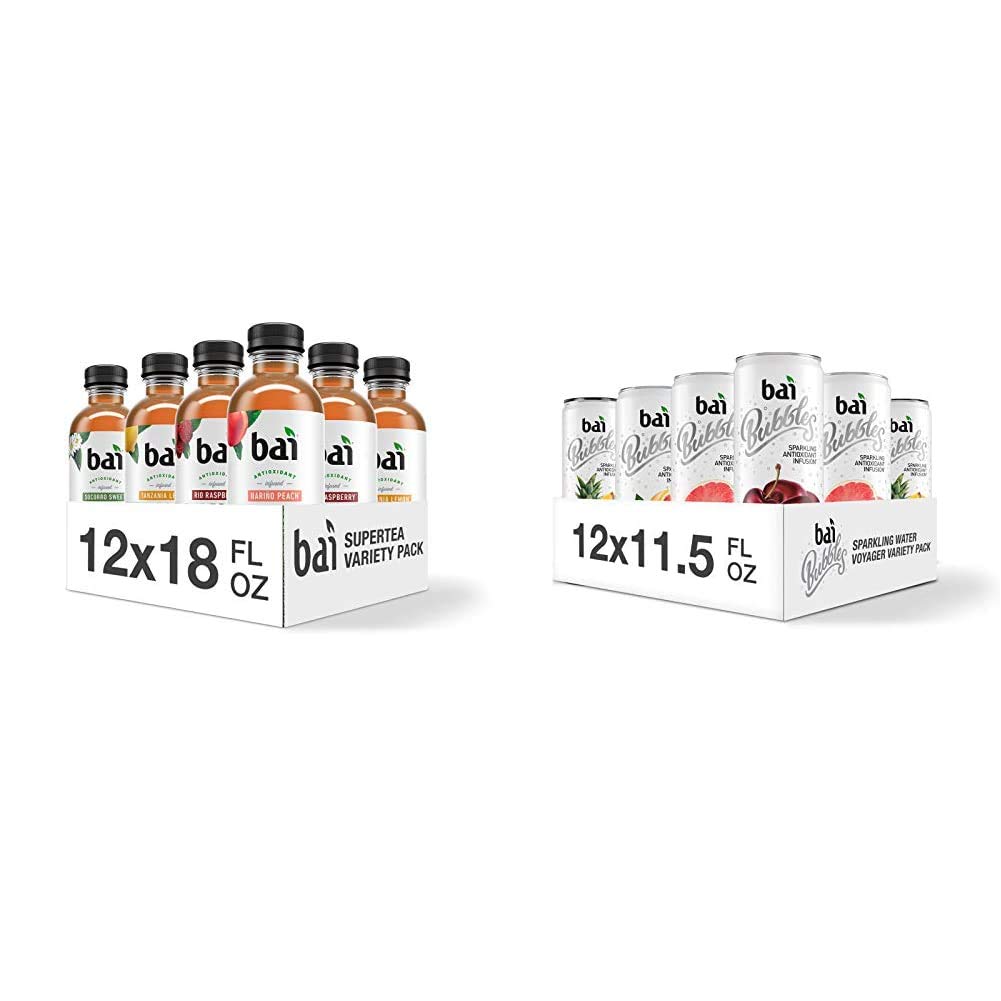 Bai Iced Tea, Crafted with Black Tea and White Tea, 18 Fluid Ounce Bottles, 12 count & Bubbles Sparkling Water, Voyager Variety Pack, Antioxidant Infused, 11.5 Fluid Ounce Cans, 12 Count