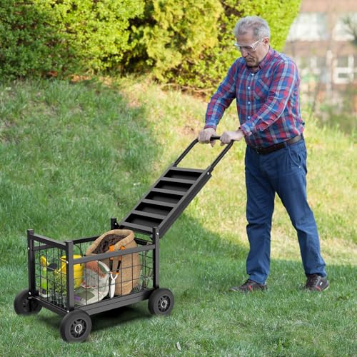 Image of Garden Cart with Seat,3-in-1 Rolling Seat with Wheels for Gardening Seniors | Upgraded Heavy Duty Gardenning Cart with Seat, Supports up to 500 LBS for Seniors, Lawn, Patio & Backyard Gardening, Black