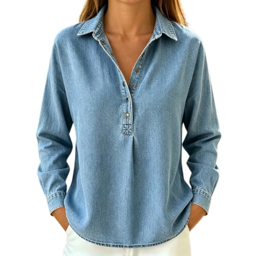 Denim Shirt Women Button Down Lightweight Long Sleeve Collared Jean Shirt - image 4