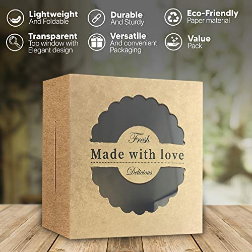 Moment-O-Mania Bakery Boxes –Kraft Boxes With Window –[25Pcs] Dessert Boxes With Parchment Paper & Stickers –Small Box For Cakes, Cupcakes & Cookies – Versatile & Convenient Packaging – 4 X 4 X 3-Inch #TOP2