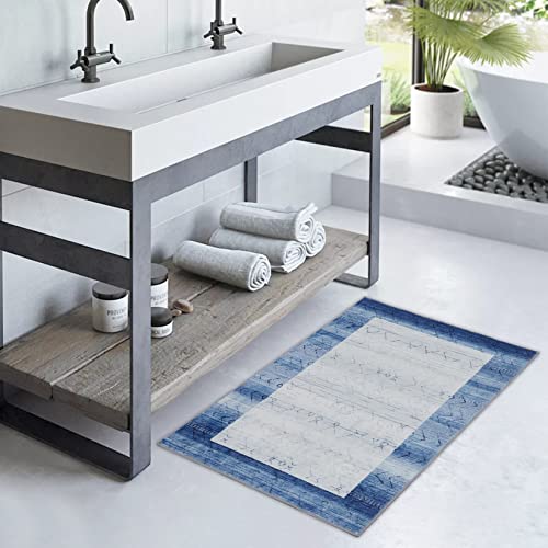 Rugsreal Machine Washable Rug Non Slip Bordered Rug Low Pile Modern Geometric Indoor Area Rug Mat Small Throw Doormat Rug For Living Room Bedroom Entryway Hallway Laundry, 2' X 3' Blue #TOP2
