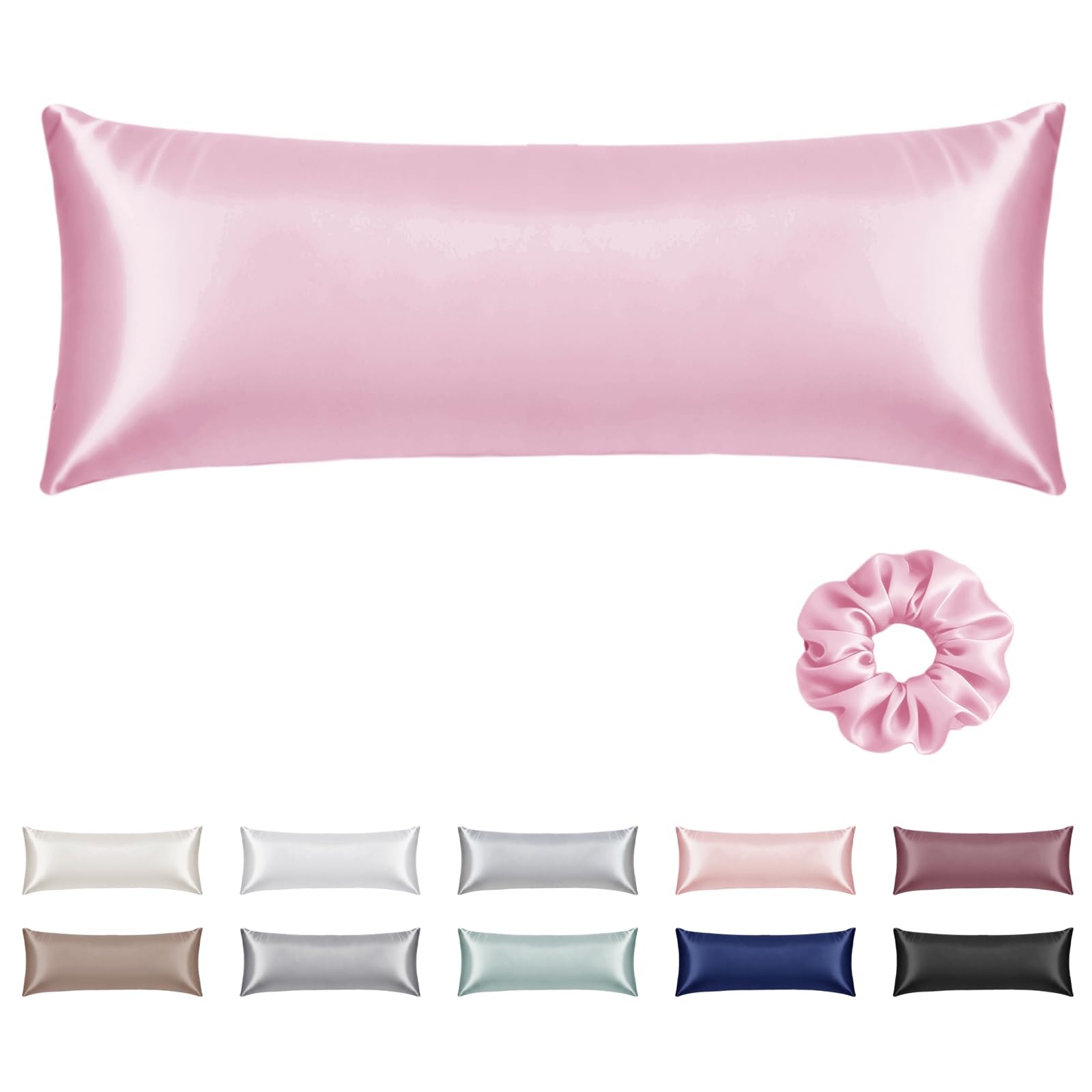 Vielit Satin Body Pillow Cover 1pc,Silky Body Pillow Pillowcase Similar to Silk Pillow Cases Soft Long Pillowcase 20x54 & Envelope Closure, for Women Men Pink & 1 Satin Scunchie — image 1