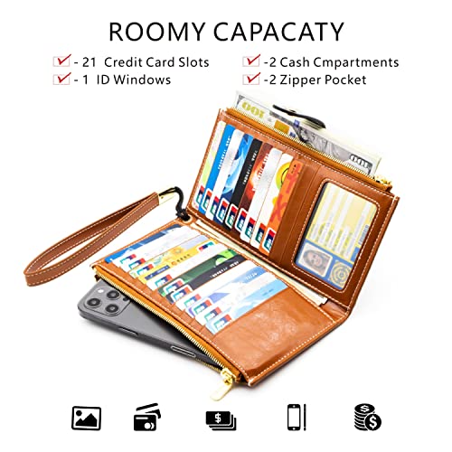 Image of ANDOILT Women's Genuine Leather Wallet RFID Blocking Credit Card Holder Zipper Purse Cell Phone Handbag