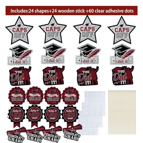 Image of Maroon Graduation Decorations /Burgundy Black Graduation Party Table Decorations 2026 /24Pcs Maroon Black Graduation Sticks Table Toppers for Maroon Graduation Party