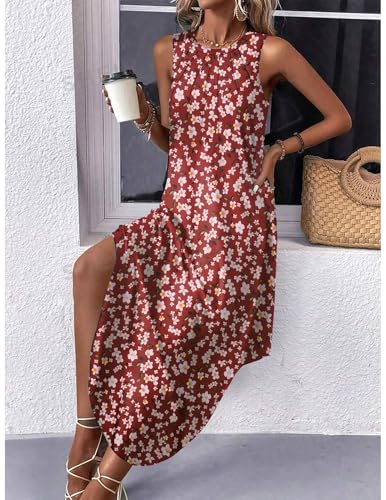 Image of Zeagoo Women Floral Summer Casual Beach Printed Tank Dress with Pockets Pleated Front Long Dress