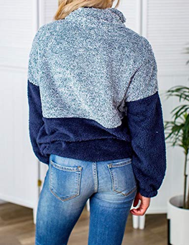 MEROKEETY Women's Long Sleeve Contrast Color Zipper Sherpa Pile Pullover Tops Fleece with Pocket