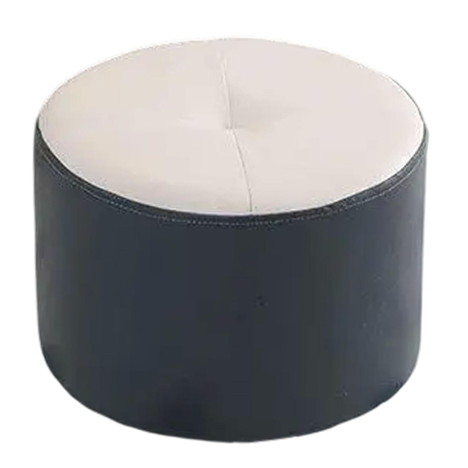 Ottoman repose-pieds rond en tissu beige et bleu avec cadre en bois stable