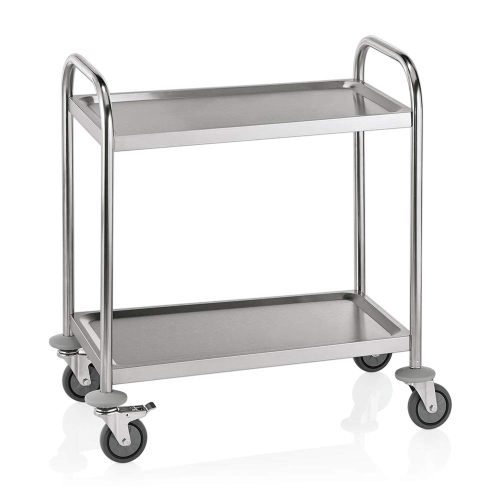 WAS 1950 004 Edelstahl Servierwagen, 4 Schwenkbare Rollen mit Rammschutz, 2 Borde, 46.0cm Abstand, 71cm Länge, 41cm Breite, 84cm Höhe