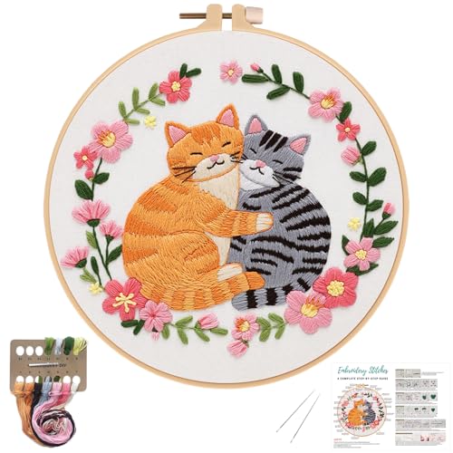 Nuberlic Cat Embroidery Kit for Beginners DIY Cross Stitch Starter Kit Including Cloth with Pattern Embroidery Hoop Needles Instructions and Threads for Adults