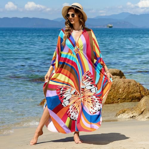 Image of IMAGEKOPE Women's Plus Size Animal Print V-Neck Batwing Kaftan Beach Dress Bathing Suit Cover-Up Loungewear