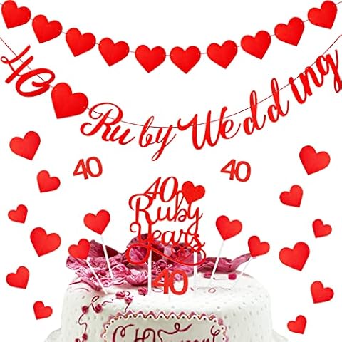 MOSNOW 40th Ruby Wedding Decorations, 19 pcs Ruby Wedding Cake Decorations, 2 pcs Banner Hanging Swirls Happy 40th Anniversary Bunting Backdrop for Party Decorations Cover