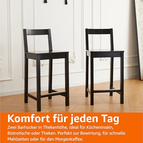 Amazon Basics Küchenhocker aus Holz, Barhocker mit Rückenlehne, Esszimmerstuhl, einfache Montage, modern, 2 Stück, 88 cm hoch, Schwarz