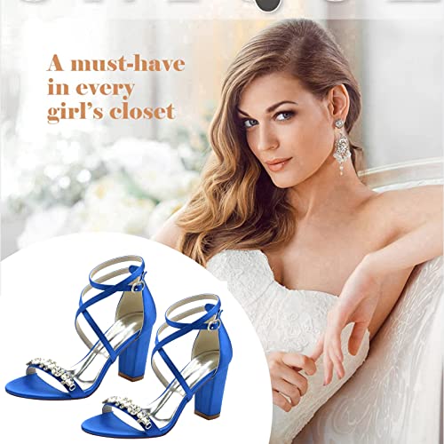 Ankle Strap Chunky Heels Dress Shoes for Women 3.34 Inch Cross Strappy Wedding Heels for Prom Party Bridal Pump Shoes with Rhinestones3