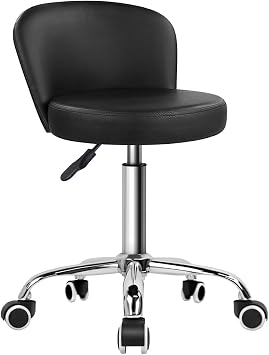 KKTONER Rolling Vanity Chair with Backrest Height Adjustable Office Chair PU Leather Swivel Drafting Stool with Wheels Black