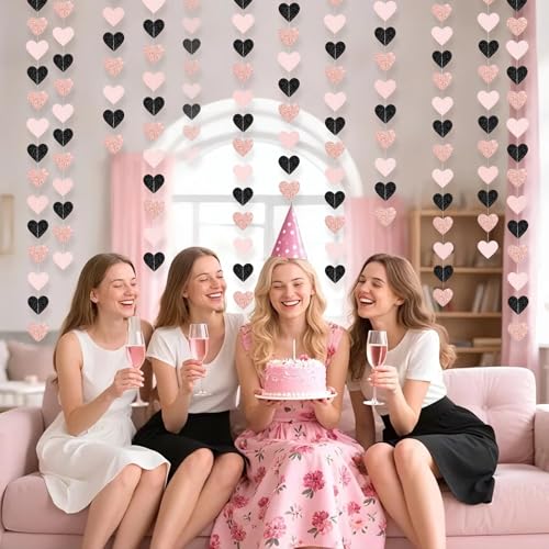 Image of Rose-Gold Black Pink Party-Decorations Heart Streamers Garland - 39FT Baby Girls Shower Hanging Paper Banner Christmas Wedding Engagement Bachelorette Bridal Shower Backdrop Valentines Decor