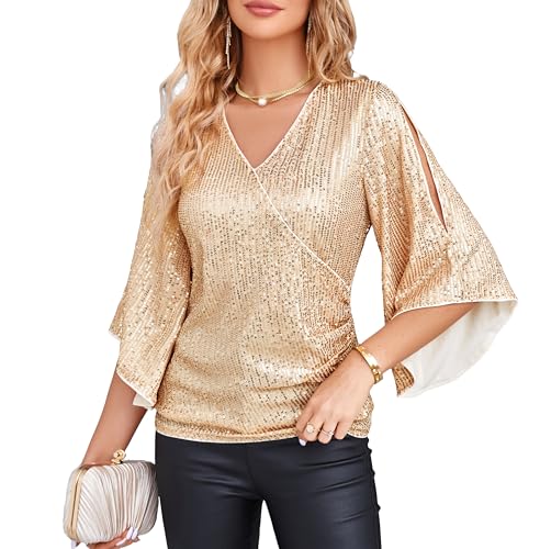 GRACE KARIN Women's Full Sequin Tops V-Neck Glitter Party Shirt