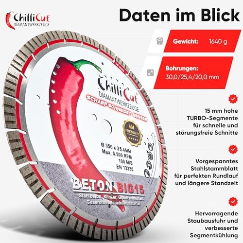 ChiliCut Big 15 Diamanttrennscheibe 350 mm x 30 mm – mit langlebigen Big 15-Segmenten für Beton, Pflastersteine und Naturstein – extra starke Premium Diamantscheibe für Nass- und Trockenschnitt