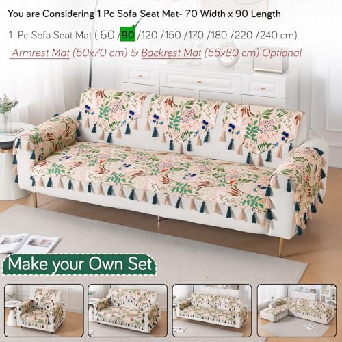 Image of HOKIPO Printed Holland Velvet Sofa Cover with Tassel for 1 /2 /3 Seater & L Shape Sofa | Make Your Own Set, 'Whispers of Nature' Sofa Mat, 70(W) x 90(L) cm, Beige Woodland Bloom (IN-1118-D4)