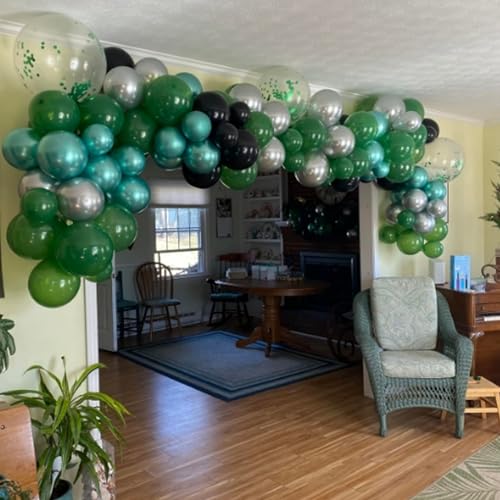 Image of Dark Green Balloons Set, 60 PCs Green Black Party Balloons, Confetti & Metallic Silver Latex for Helium, Boys' Video Game Football Theme Decor