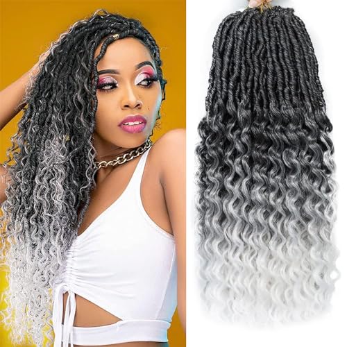 FANWYFYU New Faux Locs Crochet Hair With Deep Curly Ends 24 Inch 6Packs Black Goddess Soft Locs Synthetic Braids Prelooped Dreadlock Hair Extensions ((1B/Gray/White)