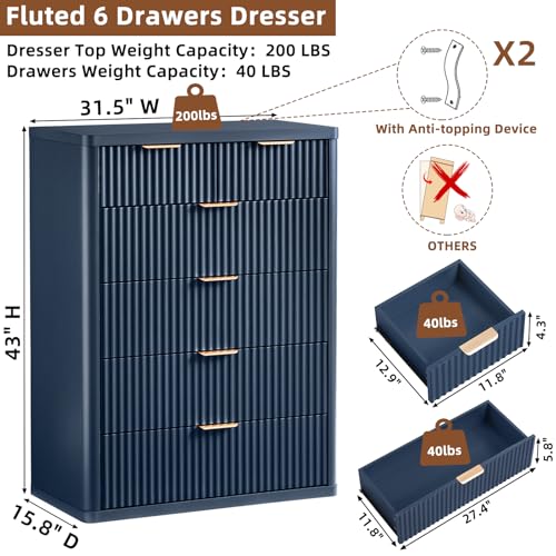 Image of LEYAOYAO Fluted 6 Drawers Dresser for Bedroom Set of 2, 42 inch Tall Modern Chest of Drawers with Metal Handle, Curved Profile Design,Wood Drawer Organizer for Bedroom, Living Room, Hallway,Blue