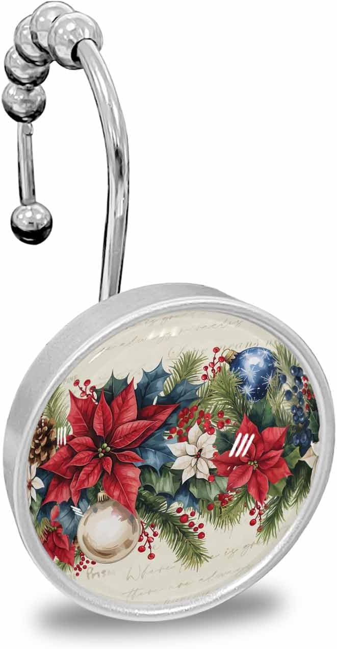 Shower Curtain Hooks Set of 12 Christmas Poinsettia Flower Berry Balls Crystal Glass Shower Curtain Rings for Bathroom Decorative Stainless Steel Rust Proof Roller Shower Curtain Hangers