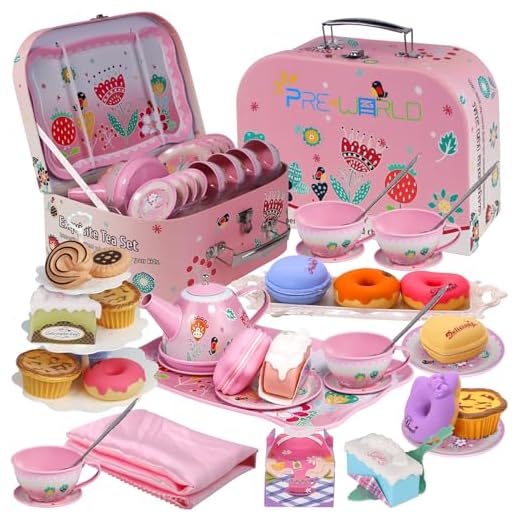 PRE-WORLD Tea Party Set for Little Girls, Princess Tea Time Toy Including Dessert,Cookies,Doughnut,Teapot Tray Cake, Tablecloth & Carrying Case,Kids Kitchen Pretend Play for Girls Boys Age 3-6