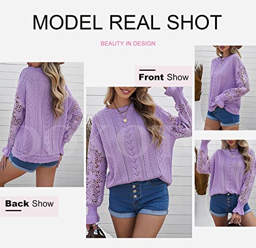Image of Dokotoo Womens Crewneck Crochet Lace Long Sleeve Hollow Out Cable Knit Sweaters Pullover Tops