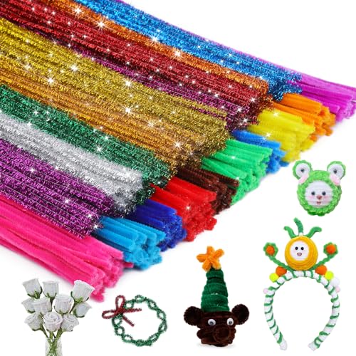 Image of Iuuidu 200PCS Pipe Cleaners Chenille Stem Mixed Glitter Color | 100Pcs Glitter +100Pcs Bright Color Craft Pipe Cleaners, Fuzzy Sticks Pipe Cleaners Bulk for Arts and Crafts Decoration