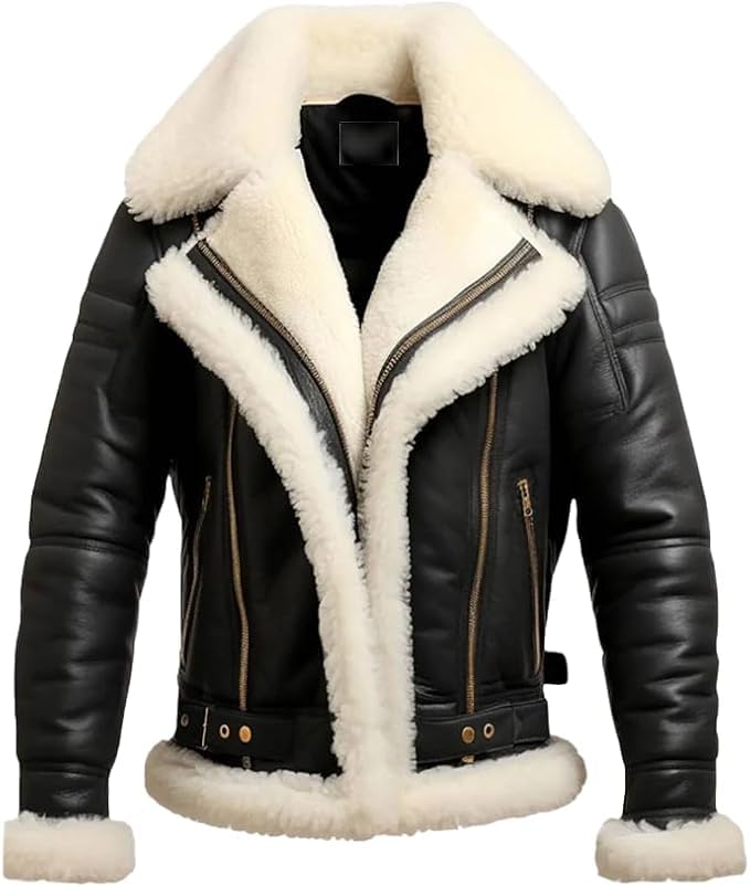 Hifa Men's Flying B3 Shearling Faux Fur Bomber Aviator Pilot Winter Jacket Genuine Sheepskin Leather, Black & White2