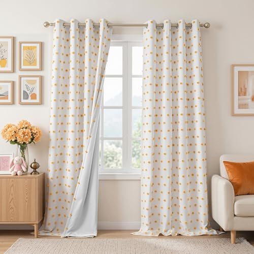 Image of MEETSKY Blackout Curtains for Kids Bedroom,Yellow Pom Pom Curtain 50x95 in
