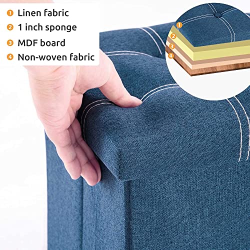 Image of AR Mall Folding Storage Ottoman, Long Shoes Sofa Bench, Fabric Linen Footrest Stool for Laundry, Storage Space, End Bed Storage Seat, Toys Organizer Bin Box with Lidded (Blue)