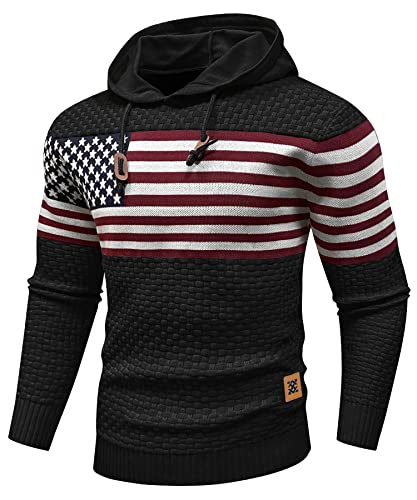 Zaitun Mens Hooded Sweatshirt Long Sleeve American Flag Knitted Hoodie Pullover Sweater