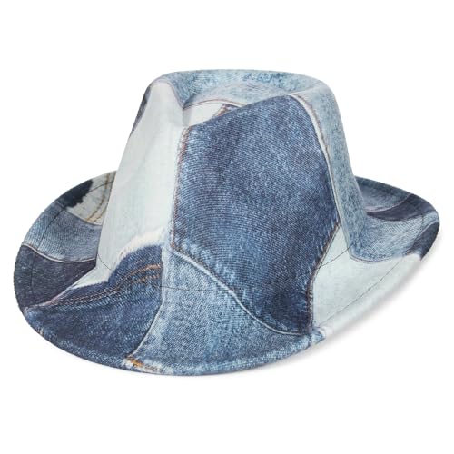 Image of Tie Dye Denim Patchwork Cowboy Hat for Women Men Western Wide Brim Costume Party Hat