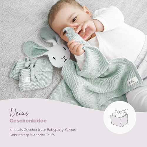 Livella Kuscheltuch „Hase“ mit Söckchen - Reine Bio-Baumwolle – Premium Schmusetuch, Kuscheldecke, Schmusedecke, Strickdecke - Samtweich & atmungsaktiv - Oeko-TEX® Standard 100 und GOTS Zertifiziert