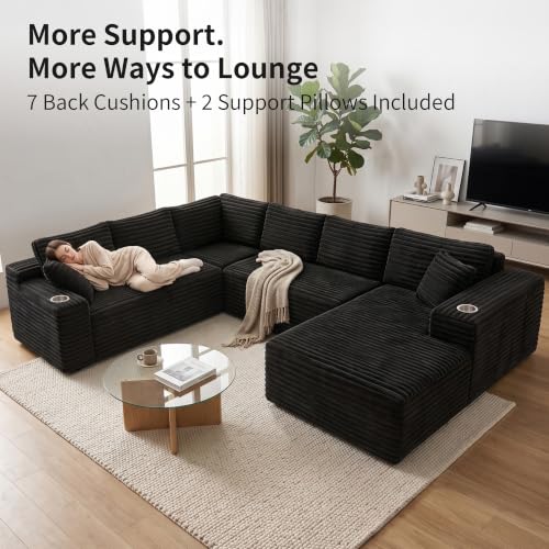 Image of 122 inch Oversized Cloud Sectional Couch for Living Room, 7 Seater U Shaped Sofa Modular Boneless Couch with Chaise | Deep Seater | Cup Holder | Side Pocket | No Assembly | Plus Corduroy, Black